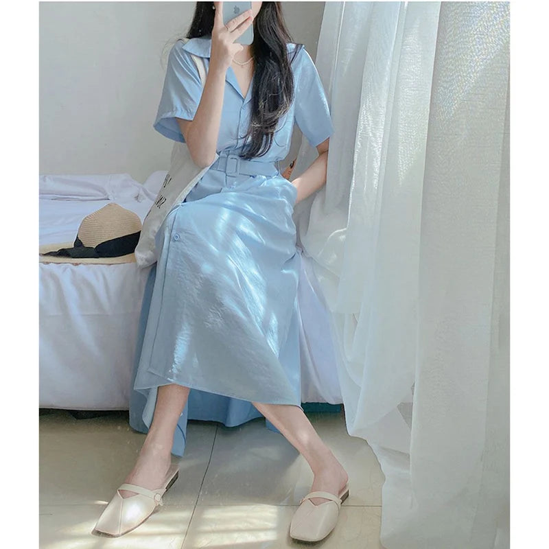 Fashion Lapel Button Sashes Solid Color Casual Dresses Women's Clothing 2024 Summer New Loose All-match Short Sleeve Midi Dress