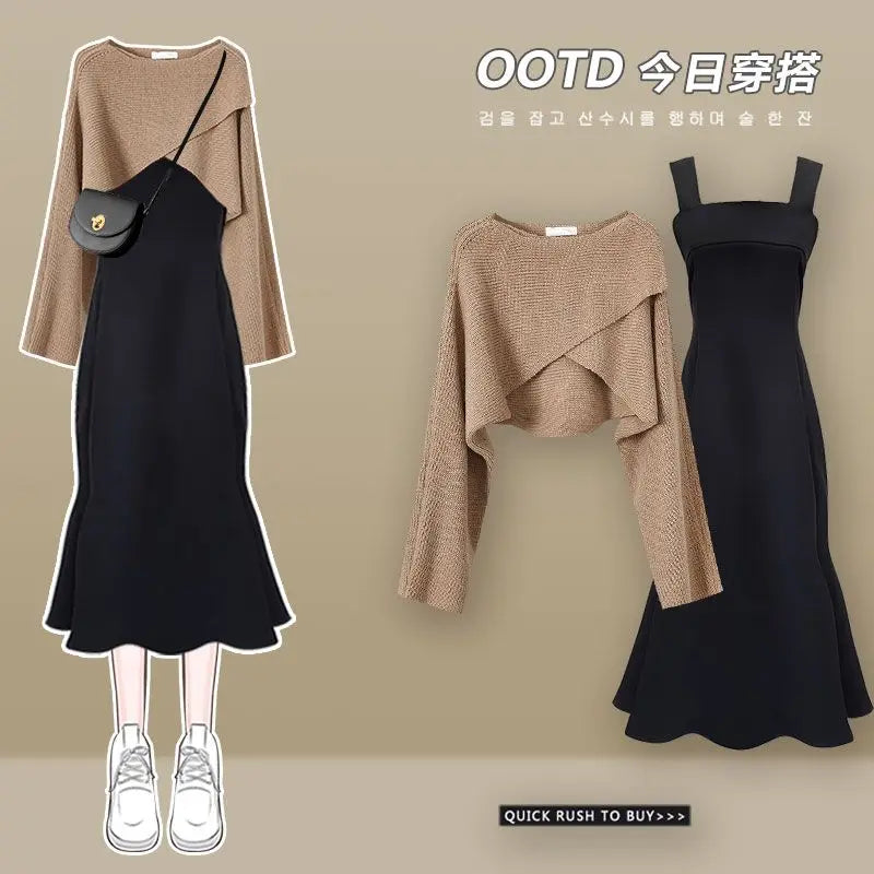 Spring and Autumn Women's Set 2024 New Fashionable Knitted Sweater+Slimming Strap Dress Two Piece Set