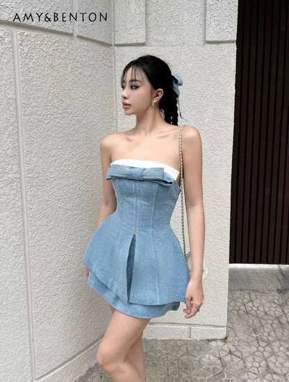 Summer New Hot Girl Y2K Bow Tube Top Contrast Color Split Top High Waist Slim Mini Skirt Sexy Two Piece Sets Womens Outifits