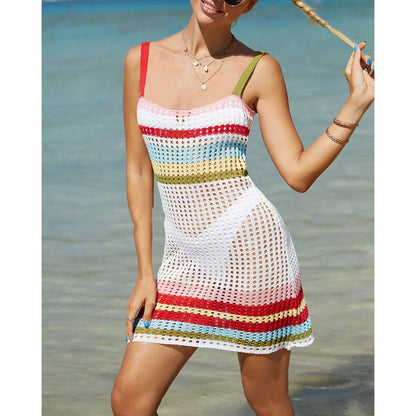 2023 Summer Women Striped Print Spaghetti Strap Hollow Out Knitted Cover-Ups Sexy Swimwear Beach Outfits Sundress Vacation