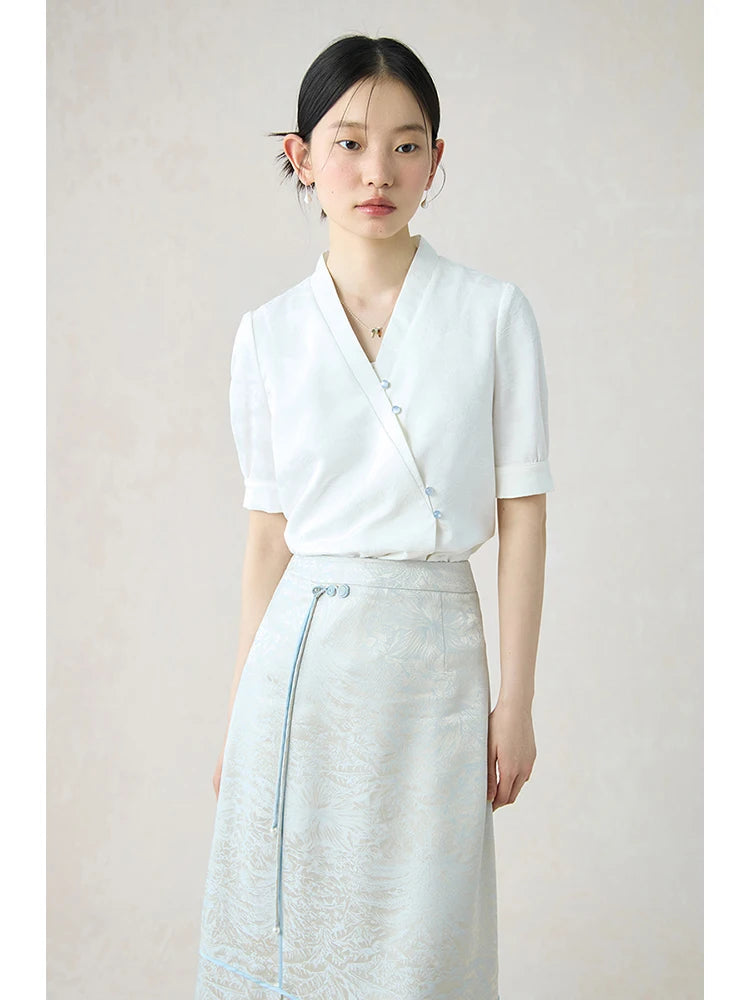 ZIQIAO New Classic Chinese Style White Shirt Long Skirt Women Suit 2024 Summer Casual All Match V-neck Top Suit 24ZQ92233