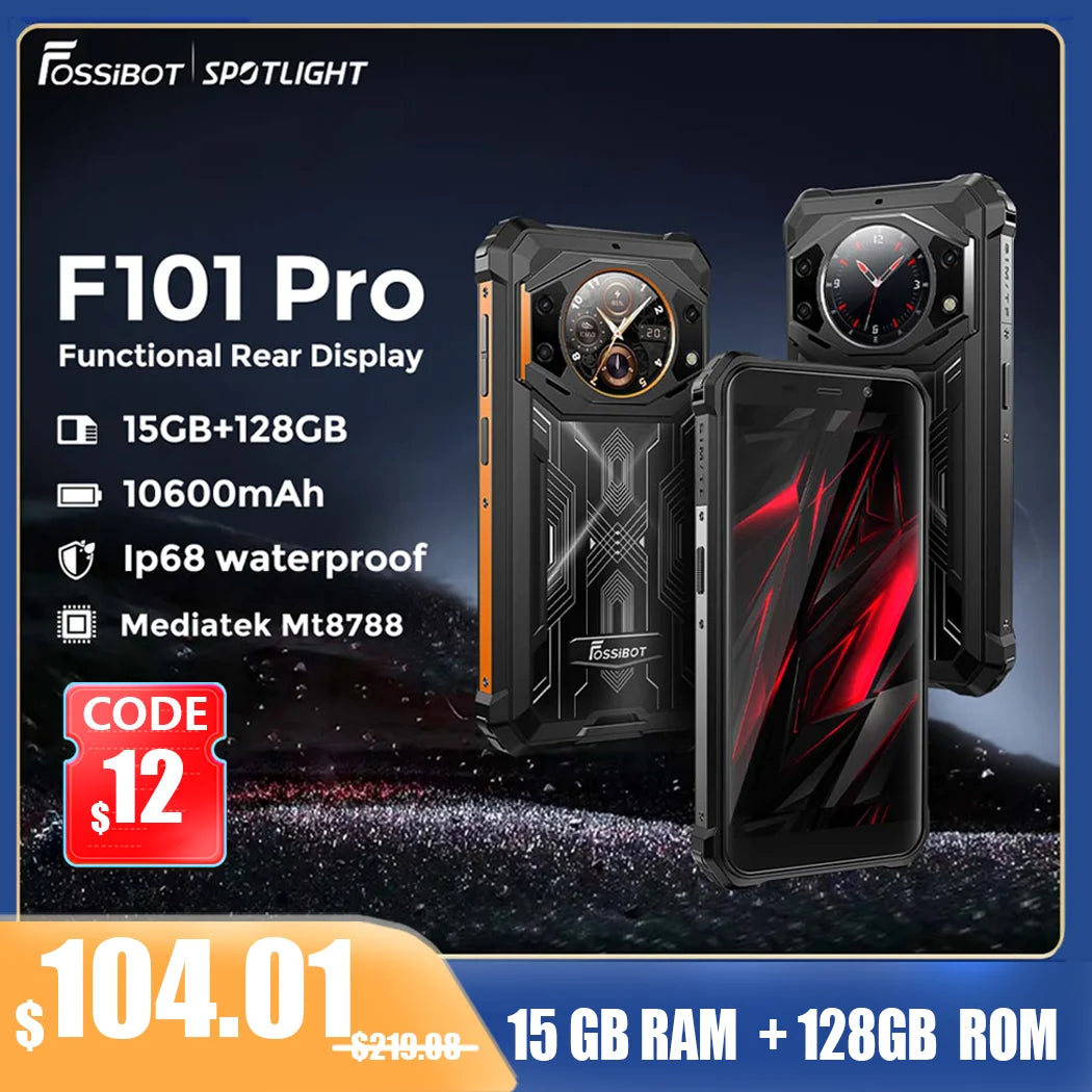 Fossibot F101Pro Rugged Smartphone 15GB+128GB Android 13 IP68 Waterproof Mobile Phone 10600mAh NFC Cell Phone Global Version