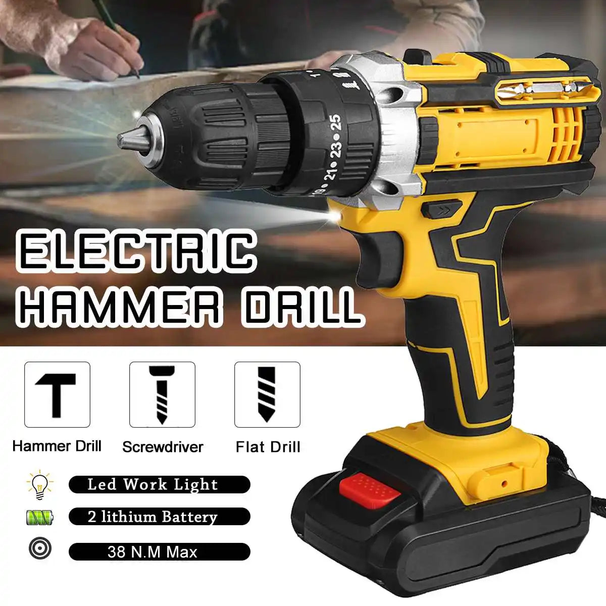 3 In 1 Impact Cordless Electric Drill Screwdriver Electric Drill 25 Torque 2 Speeds Battery Driver Power Tool Bit Accessories