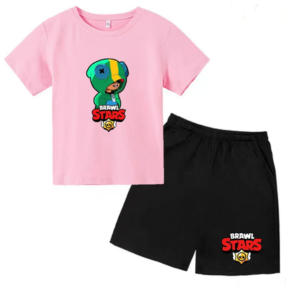 Kids Short Sleeve T-shirt Boys Girls Toddler 3-12Y Gift Wilderness Game Top + Shorts 2P Cute Fun Pretty Girl Clothes Casual Suit