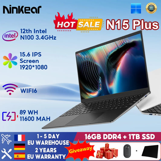 Ninkear N15 Air/N15 Plus Laptop Intel N95/N100 15.6' FHD IPS 16+512G/16+1TB SSD Backlit Keyboard Fingerprint unlock Notebook