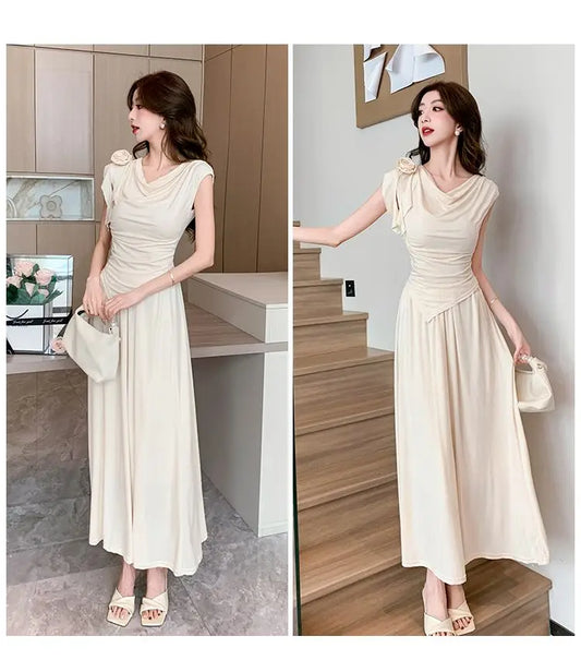 Korea Two Piece Set New Long Skirt Flowers Fashion Irregular T-Shirt Top Women'S French Elegant Pastoral Casual