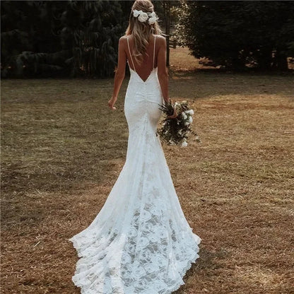 Mermaid Bohemian Wedding Dresses For Brides Spaghetti Straps Backless Floral Lace Bridal Gowns Court Train Boho Robes De Mariee