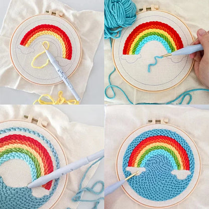 Magic Punch Needle Starter Kit Circle Landscape Hooking Beginner Set Embroidery Pock Pen Hoop For Kids Adults Diy Craft Gift