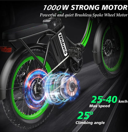 Electric Bike 1000W Brushless Motor 48V13AH Lithium Battery Folding Ebike Adult Mountain 20 Inch Tire Aluminum Electric Bicycle