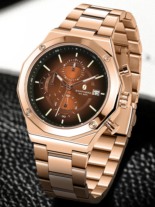 SAPPHERO Rose gold Watch  Mens Watch Luxury  Stainless Steel Quartz Watch Business Waterproof Luminous Calendar Wristwatch