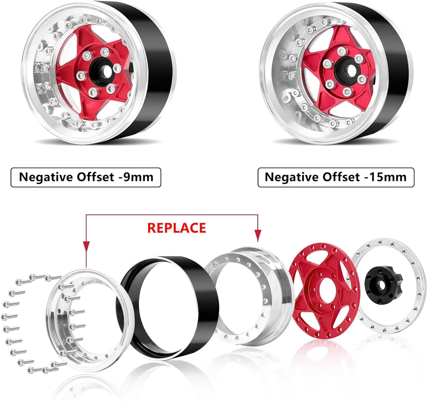 Esilun1.9 Beadlock Wheels Adjustable Offset RC Wheel Rims for 1/10 TRX4 TRX6 SCX10 GEN7 8 D90 Crawler Car(Silver/Black/Red)