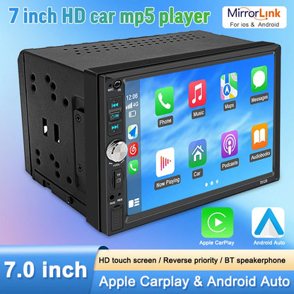 Ahoudy 7" HD Touch Screen Car Radio, Bluetooth Stereo, 12V 2 Din, TF/FM, Aux Input, Apple Carplay & Android Auto, USB MP5 Player