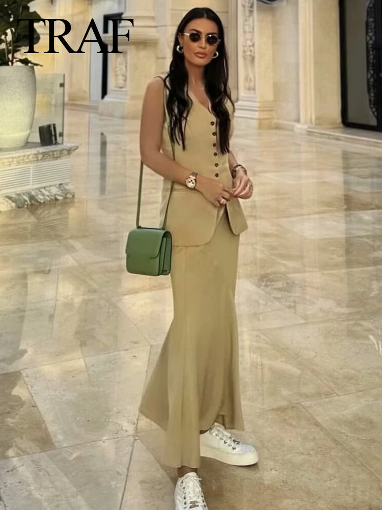 TRAFZA Women Vest Skirt Sets Female Khaki Long Blazer Vest V Neck Sleeveless Slim Top+Elegant High Waist A Line Skirt Suit TRAF