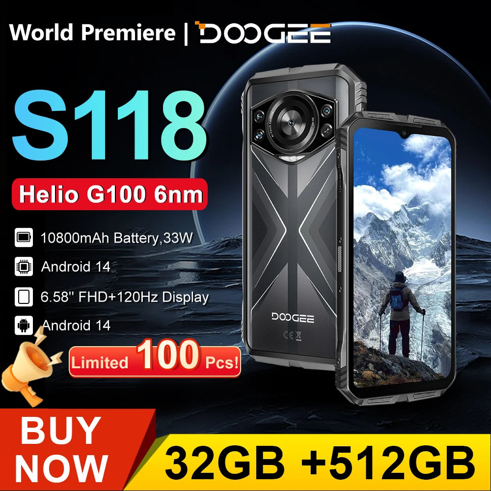 [World Premiere] DOOGEE S118 Smartphone 32GB(12+20) 512GB G100 6nm 10800mAh 33W Mobile Phone Android 14 NFC Rugged Cellphone