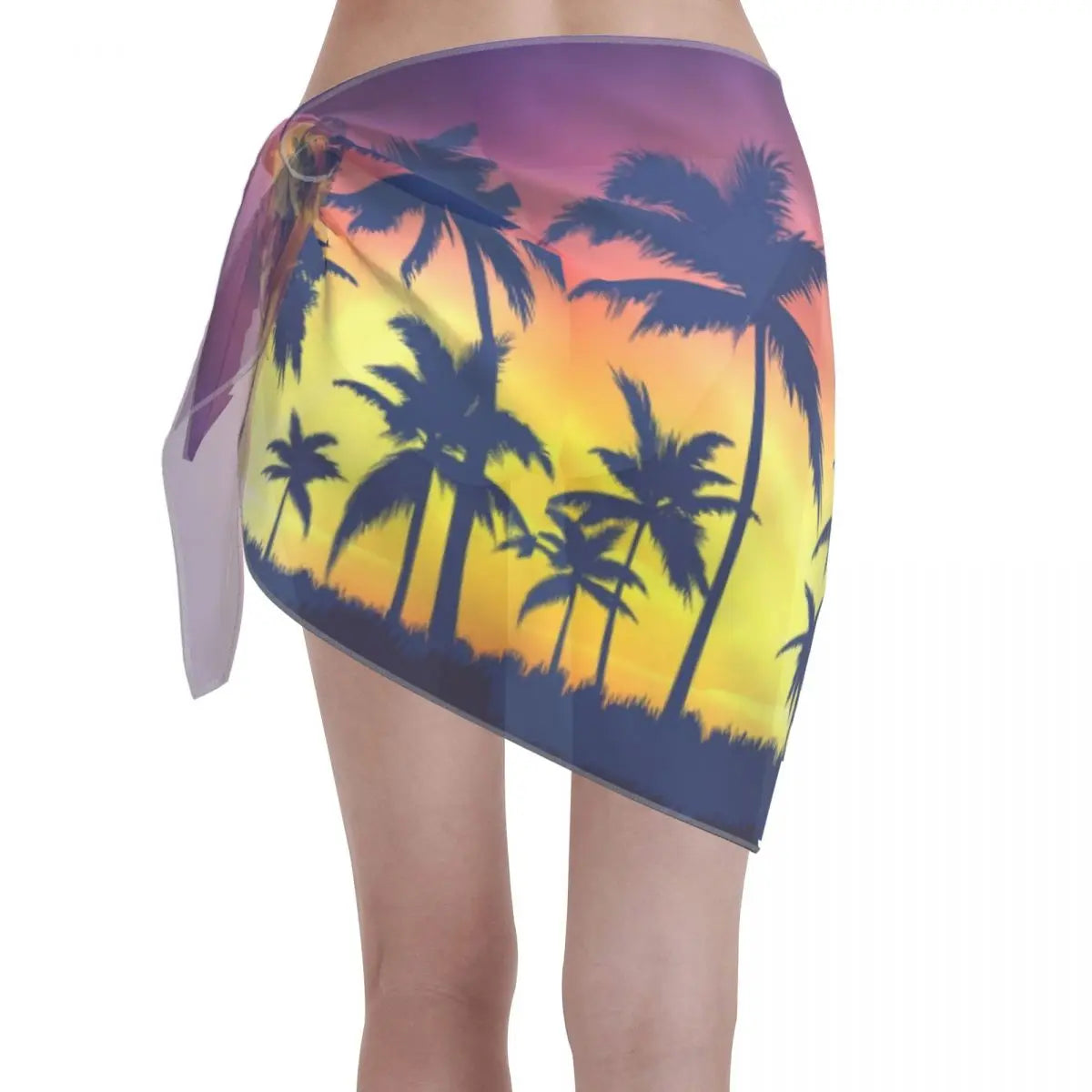 Sexy Women Sunset Palm Trees Pattern Sheer Pareo Swimwear Cover Ups Bikinis Cover-Ups Skirts Ladies Skirt