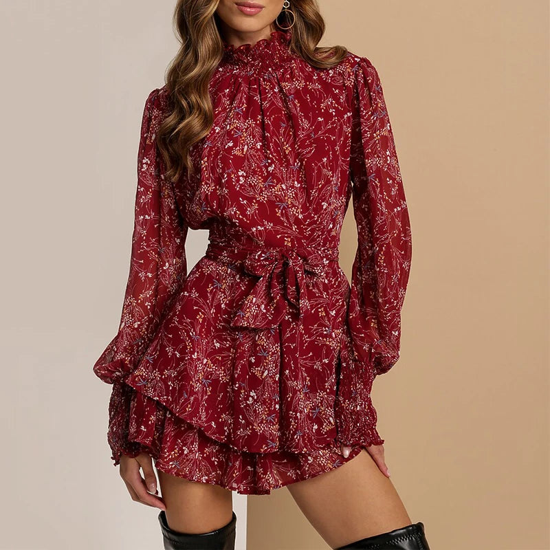 Autumn Vintage Perspective Floral Print Dress Women Casual Long Sleeve Chiffon A Line Dress 2023 Summer Lady Mini Party Vestidos