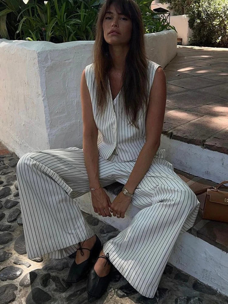 YAMIKO 2024 New Striped Vest Trousers Two-piece Sets Summer Women's Street Fashion Commuting Office Lady Suit Casual Outfit