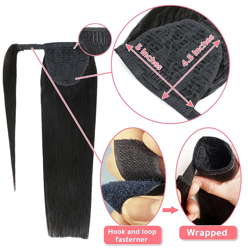 Straight Drawstring Ponytail Human Hair Extension Horsetail For Women Natural Hairpiece With Clip Wrap Around 60/80/100/120g