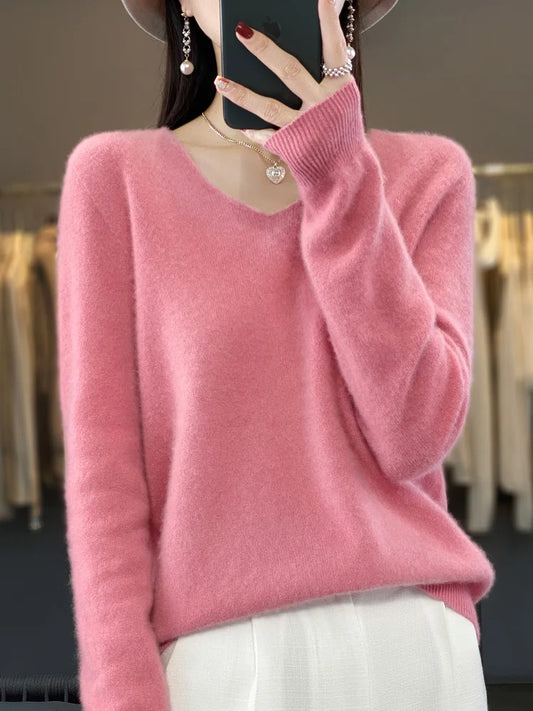 100% Merino Wool Women's V-Neck Sweater - Long Sleeve, Warm Cashmere Pullover for Autumn/Winter - Basic Knitwear Jumper