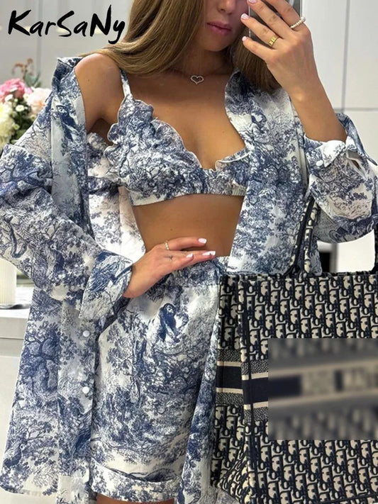 Sets For Women 3 Pieces Summer Animal Print High Waist Wide Leg Shorts Suits Loose Long Sleeve Blouses V-neck Crop Camisole Bra