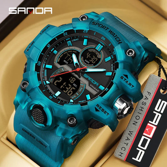 SANDA 6198 Fashionable Cool Night Light Dual Screen Multi functional Outdoor Sports Waterproof Men's Electronic Watch