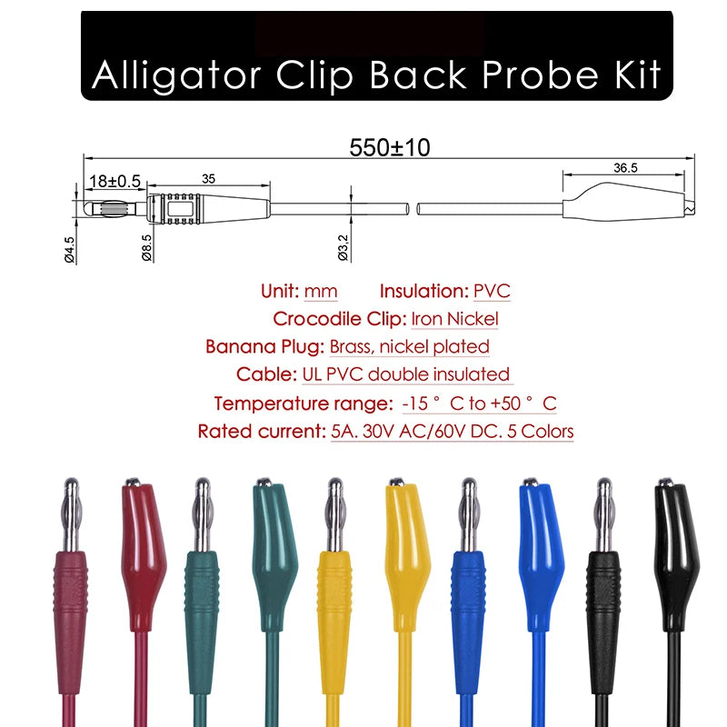 Multimeter Test Leads Alligator Clip to 4mm Banana Plug Probe Back Probes Kit Pins for Automotive Repair Inspection Tools Set