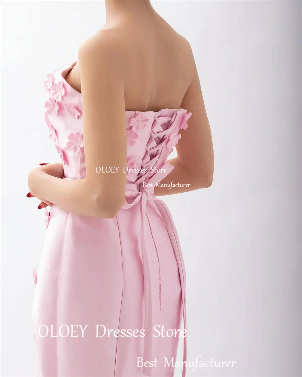 OLOEY Classic Pink Satin 3D Flower A Line Strapless Evening Gown Dress Sashes Sweep Train Sleeveless Corset Back Prom Gowns