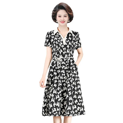 Middle Aged Women Vintage Floral Print Elegant Slim Short Sleeve Sleeve with Belt Elegant Shirt Dresses Midi Dress Vestidos