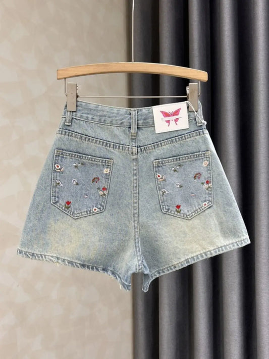 New Loose And Slim Embroidered Denim Shorts In Summer Women's Street Joker High Waist ZHIT Wide Leg A-Shaped Y2K Baggy Hot Pants