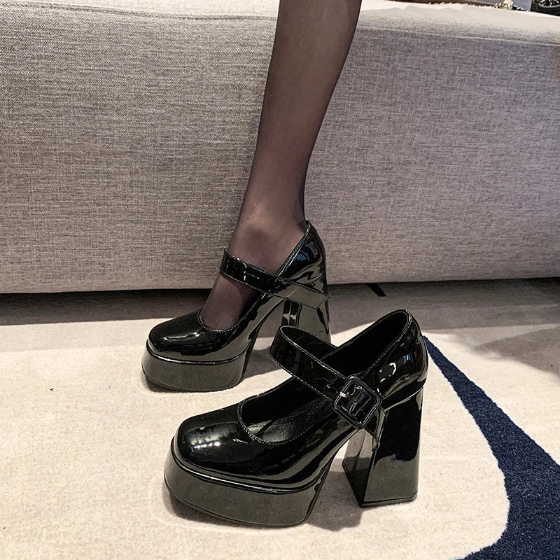 Women's Waterproof Platform Chunky Heels Fall New Square Head Shallow Mouth Temperament Mary Jane Single Shoes