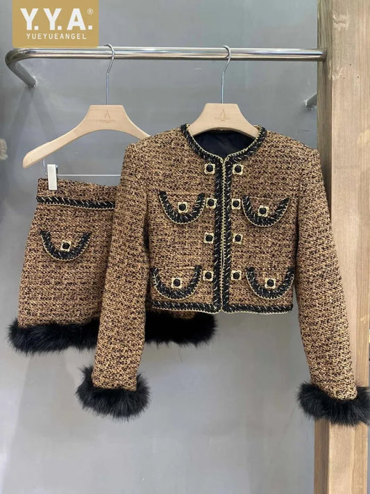 Office Ladies Autumn Winter Elegant Two Piece Set Faux Fox Fur Tweed Short Jacket High Waist A-Line Skirt Women Matching Sets