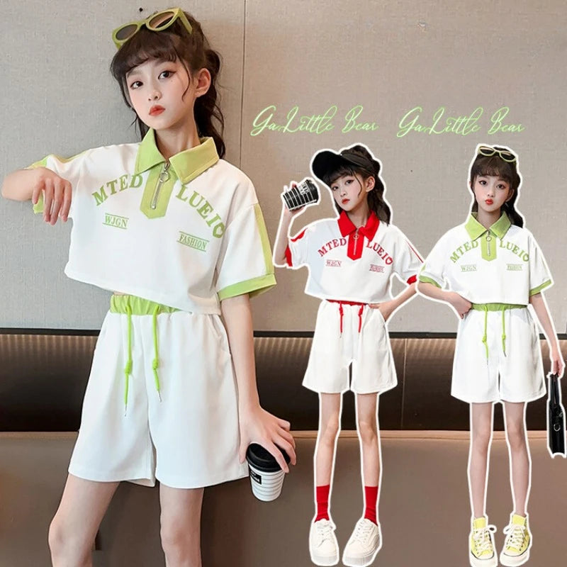 Girls Clothes Summer Letter Polo Shirt T-shirts&Shorts 2pc Suit Teenage Girl Dopamine Wear Tennis Tracksuit Fashion Cute Uniform