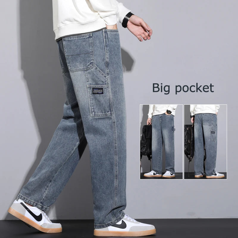 Vintage Jeans Men's 2024 Autumn New Straight Pocket Cargo Pants Loose Wide High Street Casual Denim Trousers Male