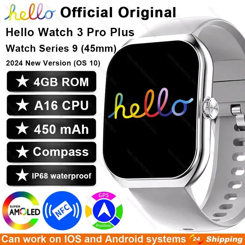 New Genuine Hello 3 Pro Plus Smart Watch Series 9 45mm AMOLED 4G ROM NFC Compass Clock Bluetooth Call Smartwatch 2024 Men Women