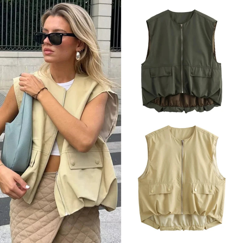 Fashion Safari Style Waistcoat Women Streetwear Sleeveless Drawstring Bomber Jacket Female 2024 Summer O-neck Pockets Lady Vest