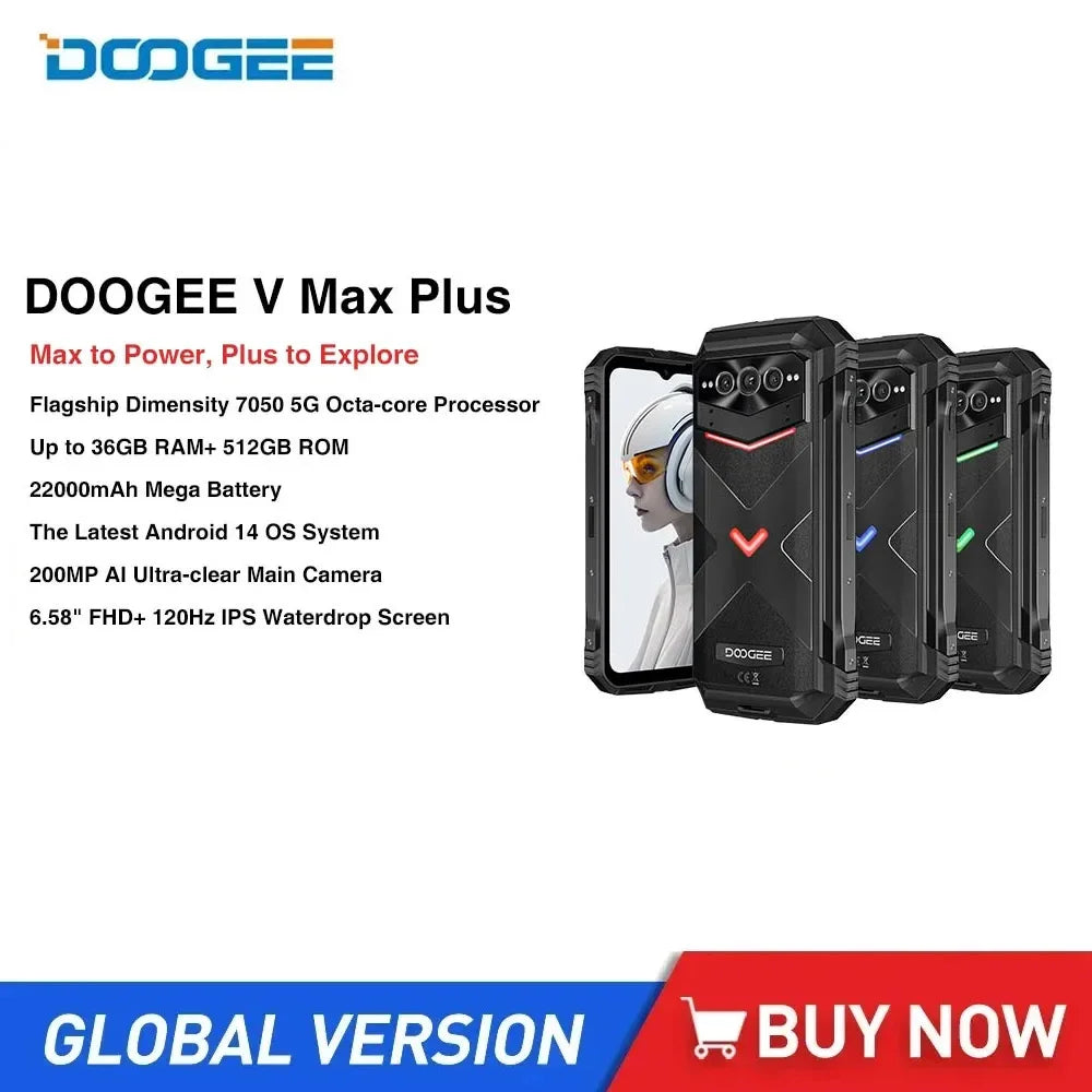 DOOGEE V Max Plus 5G Rugged Smartphones 6.58Inch Octa Core 36GB+512GB Android 14 Mobile Phone 200MP 22000mAh 33W Fast Charge NFC