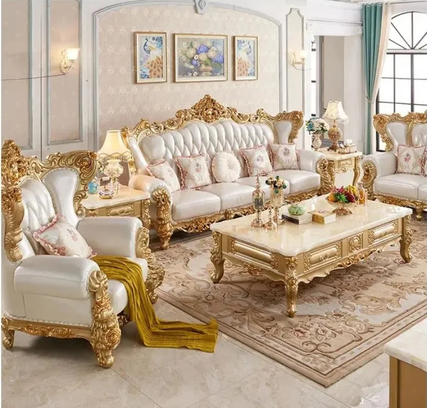 European-style leather sofa high-end American-style first-floor cowhide solid wood villa luxury size house furniture