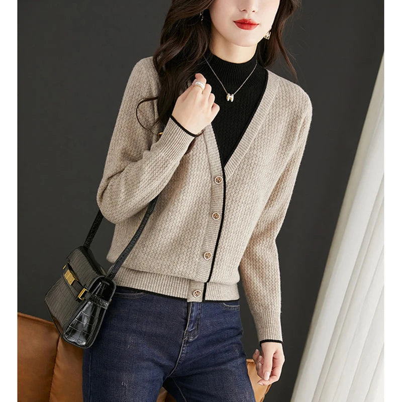 Autumn Winter Fake Two Pieces Patchwork Knitted Sweater Ladies Loose Casual All-match Pullover Tops Women Jumpers Female Clothes