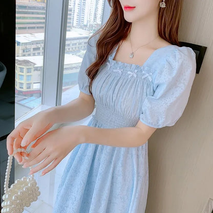 Casual and Versatile Chiffon Short Sleeved Dress New Summer Collection Waist Slimming Temperament Square Neck Mid Length Skirt