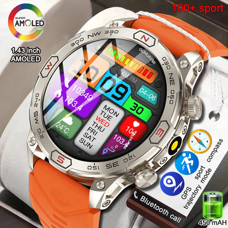 2024New Outdoor Sports Smart Watch Men GPS Compass AMOLED Screen Waterproof Bluetooth Call Fitness Smartwatch For Android ios