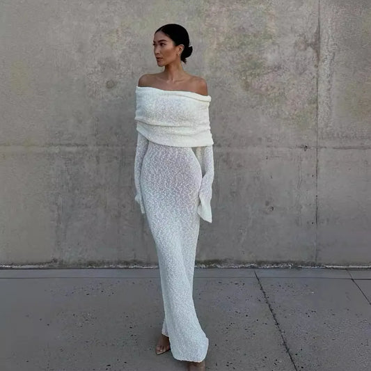 Sexy Knit Long Dress Elegant Women White Off Shoulder Bodycon Hollow Out Crochet Sundress Wedding Guest Dresses Beach Outfits