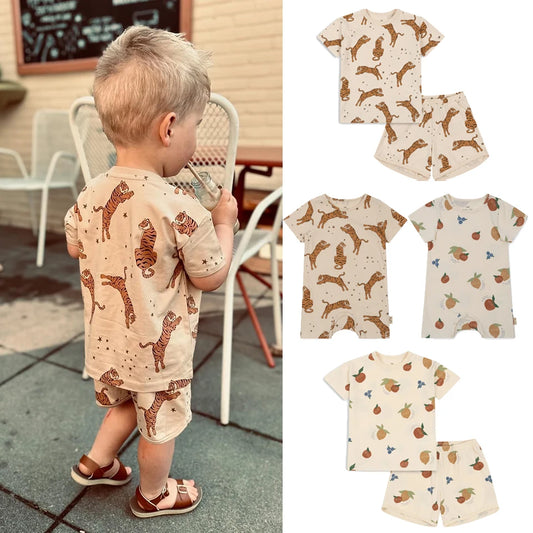 Children Casual Clothes Sets 24 Summer KS Girls Boys Lemon Tiger Print T-shirt Shorts Baby Kids Cute Soft Romper Tee Tops Suit