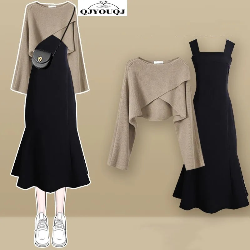 Spring and Autumn Women's Set 2024 New Fashionable Knitted Sweater+Slimming Strap Dress Two Piece Set