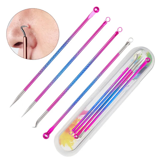 4PCS Acne & Blackhead Remover Kit - Comedone Extractor, Pimple & Blemish Tool for Women - Professional Skin Care & Pore Cleanser Needle Hook for Beauty Treatment