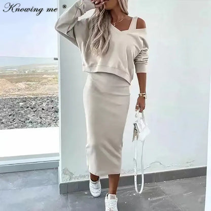 Women Autumn Two Piece Sets Dress Elegant Sexy V Neck Long Sleeve Sweatshirts And Long Dress Female solid color outfit set