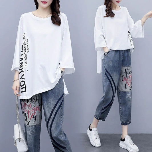 Women's Casual Fashion Suit 2024 Summer New Korean Loose Jeans Pants T-shirt Tops 2 Two Piece Set Plus Size Clothing For Women