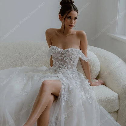 Elegant Off The Shoulder Princess A-Line Wedding Dresses Shiny Tulle Surface Bridal Gowns Sexy Mopping Length Vestidos De Novias