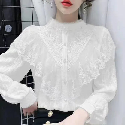 French Vintage Ruffle Edge Lace Women Shirt Palace Style 2024 Spring New Luxury  Long Sleeve Single Breasted Blouses Elegant