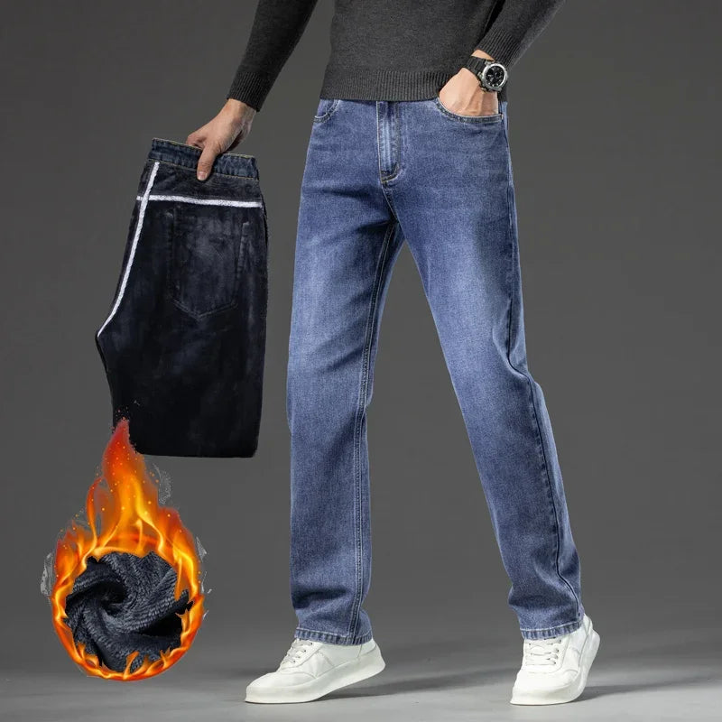 Winter Casual Men Warm Fleece Straight Jeans Classic Style Plus Size Denim Trousers Blue Plush Baggy Pants Male Brand Clothing