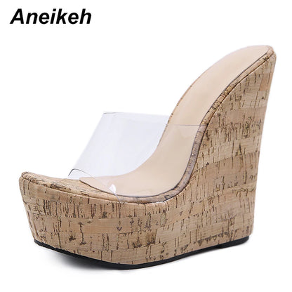 Aneikeh PVC Transparent Wedges Platform Sandals High Heeled Summer 2023 Fashion Women's Slippers Thick Sole Beach Shoes Mujer